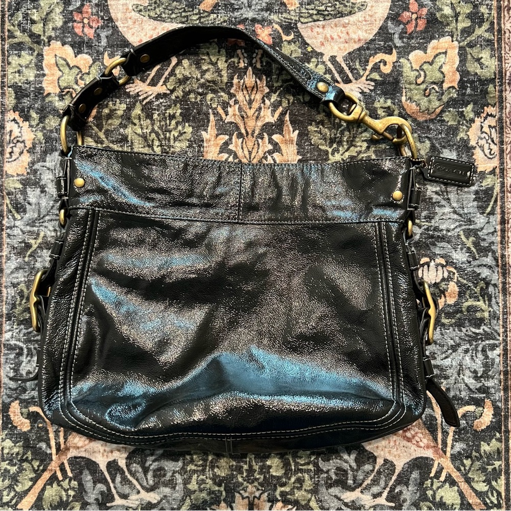 Coach Zoe XL Black Patent Leather Shiny Hobo Shoulder Bag Purse Vintage 12776